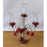 A Venetian gilt cranberry and clear glass chandelier, three branch,