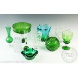 A collection of green coloured and other glass ware to include a Waterford Marquis vase, 18cm high,