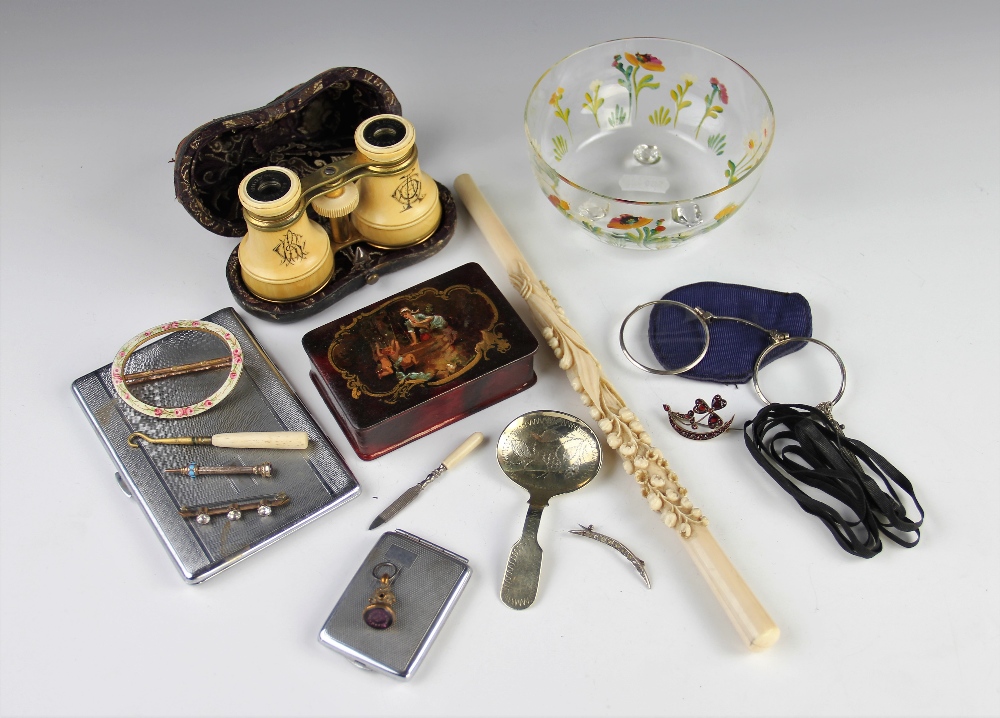 A selection of object of virtue to include a pair of Victorian R&J Beck Ivory opera glasses,