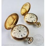 A gold plated full hunter pocket watch within Dennison case,