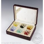 A Moser Bohemia Praha cased set of six liqueur glasses, each colour varient,