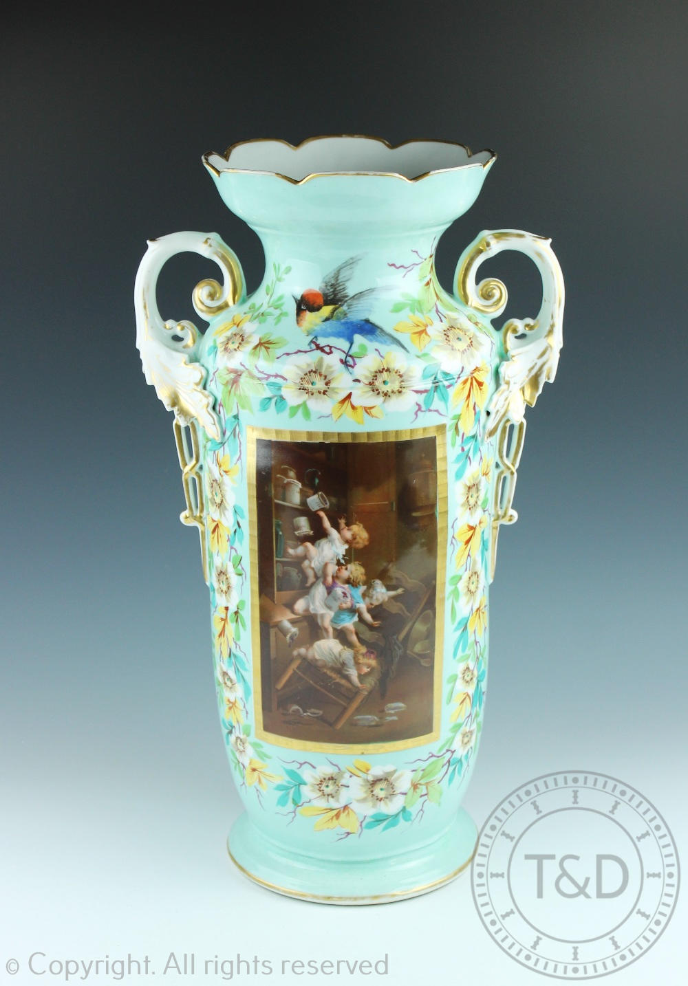 A large Austrian porcelain vase, printed with a scene of children stealing cookies from a pantry,