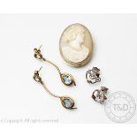 A pair of topaz set drop earrings,