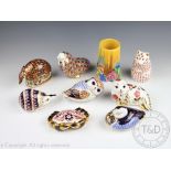 A collection of eight Royal Crown Derby imari paper weights, comprising; owl, crab, duck, seal,