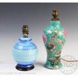 A Shelley blue glazed lamp base, of globular form, 22cm including fitting and a Chinese lamp base,