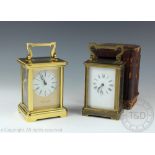 A late 19th/early 20th century lacquered brass carriage timepiece, 15cm high,