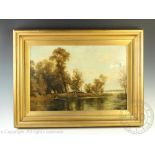 John Langstaff - 19th century, Oil on canvas, River landscape with figure in a boat, Signed,