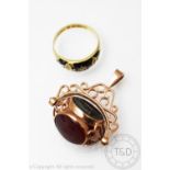 A 9ct rose gold swivel fob, set with three hardstones, with a Victorian mourning ring,