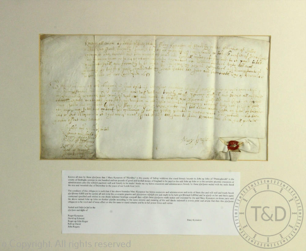 Local interest; A 17th century Kynaston of Salop deed, signed Mary Kynaston with wax seal, framed,