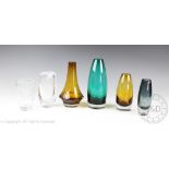 Six Swedish and Finnish glass vases to include Kosta Boda and Riihimaki examples, amber,