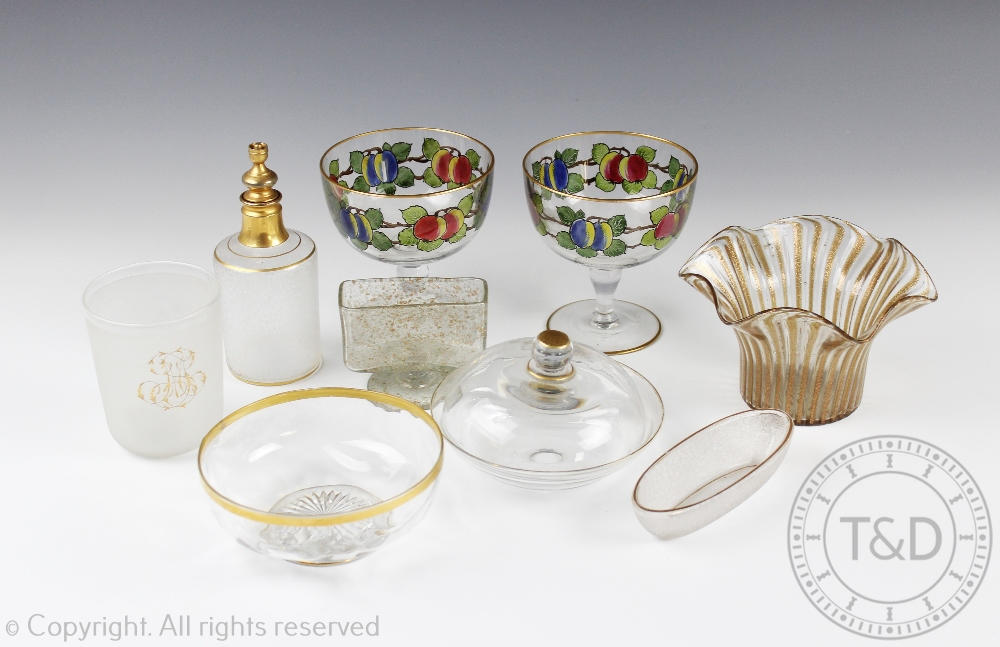 A collection of early 20th century gilt decorated glassware to include a frosted glass and gilt