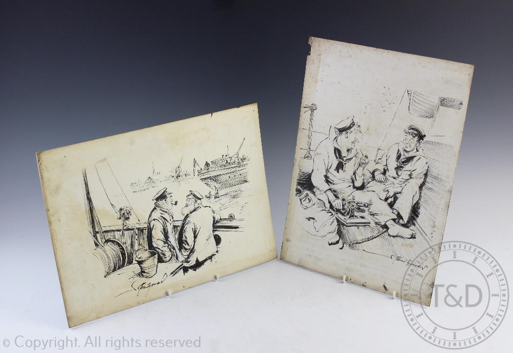 Herbert Samuel "Bert" Thomas (1883-1966), Two pen and ink cartoons on card, Tramp Skipper: 'Ere,