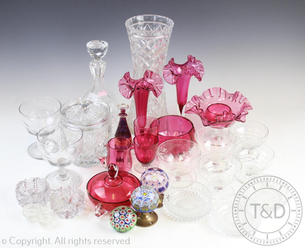 A collection of glassware to include two millefiori Strathearn paperweight door knobs,