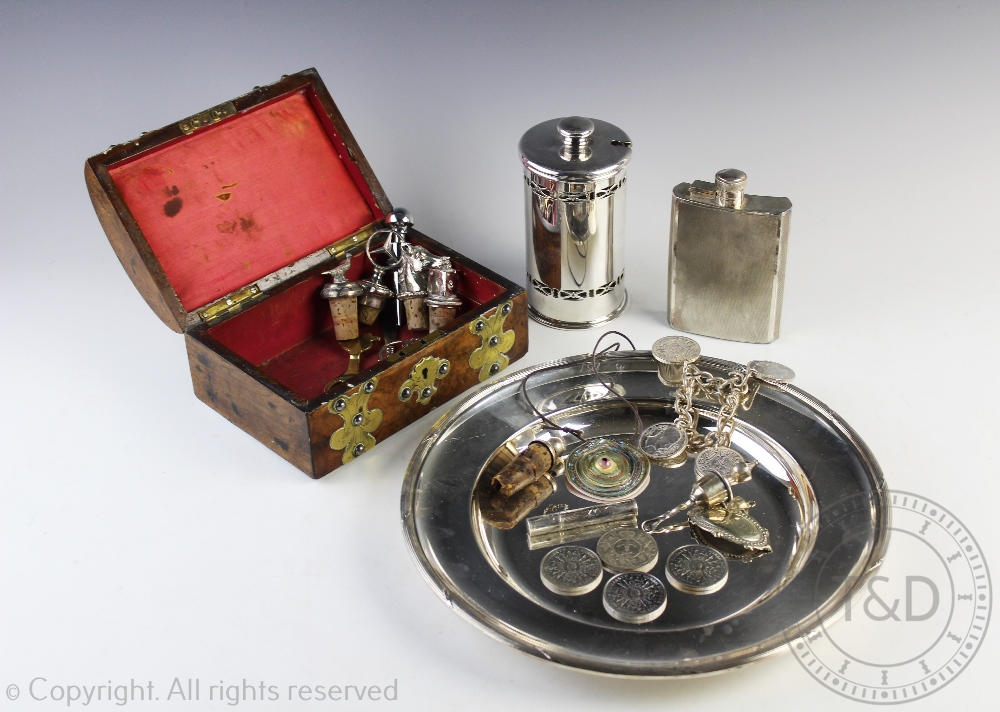 A selection of silver and silver plated items to include a imported silver cylindrical case and