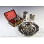A selection of silver and silver plated items to include a imported silver cylindrical case and