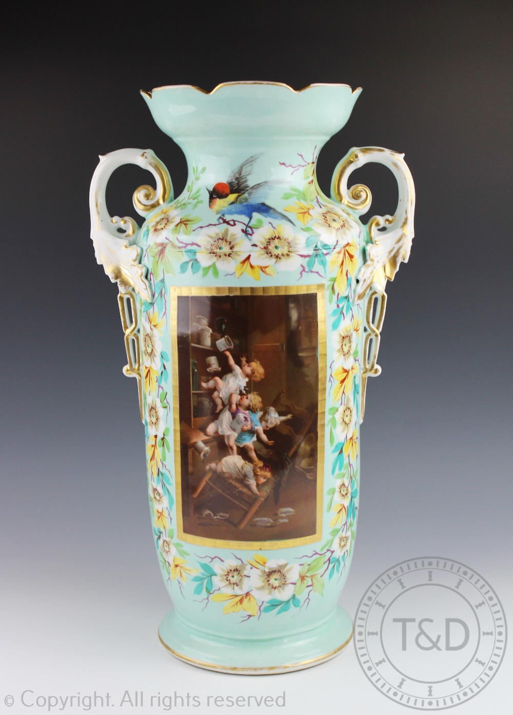 A large Austrian porcelain vase, printed with a scene of children stealing cookies from a pantry, - Image 2 of 2