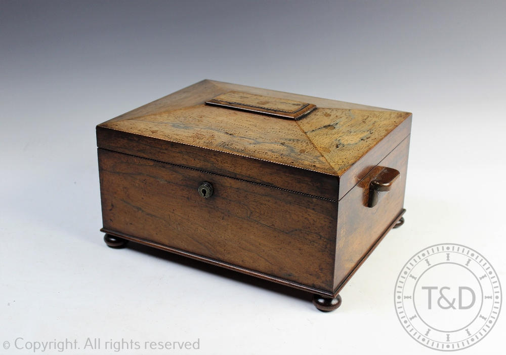 A Victorian rosewood sewing box, of sarcophogus form,