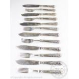 A set of twelve George V silver handled Queens pattern fish knives and forks, C H Beatson,