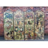 A late Victorian four-fold scrap work screen, whimsically decorated with figures,