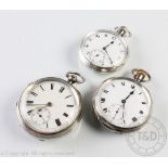 Three silver cased, open face pocket watches,