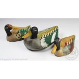 Three painted wooden Mallard ducks,