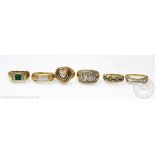 A collection of six 9ct yellow gold rings, each diamond set, gross weight 30.
