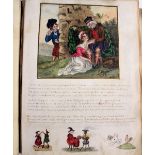 A Victorian scrap album, enclosing prints, over painted prints etc, including views, animals,