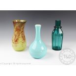 A 20th century monochrome glass vase, the bottle shaped vase with plain duck egg blue exterior,