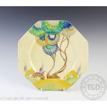 A Clarice Cliff Rhodanthe pattern octagonal plate, circa 1935, polychrome colour way, 23.