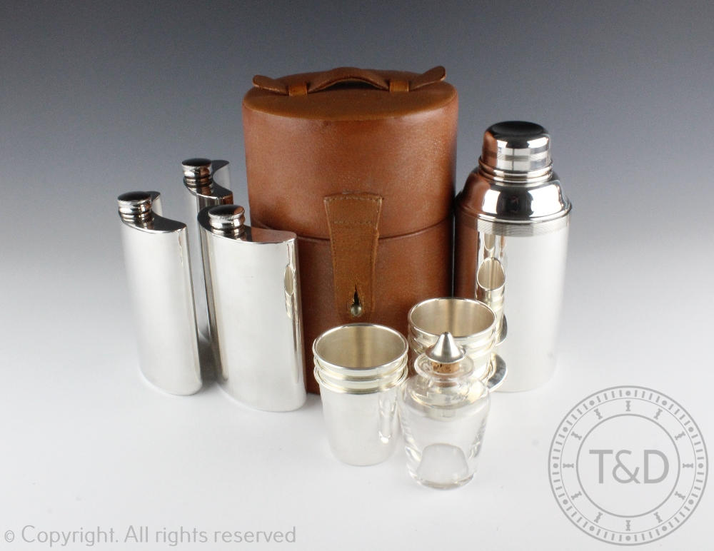 A James Dixon & Sons cased silver plated cocktail set for six, circa 1910, retailed by Dunhill, No.