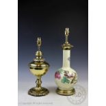 A brass and ceramic vase lamp, with floral detailing, 44cm, with a brass table lamp,