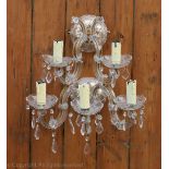 A set of six Venetian style glass five branch wall lights, each hung with lustre drops,