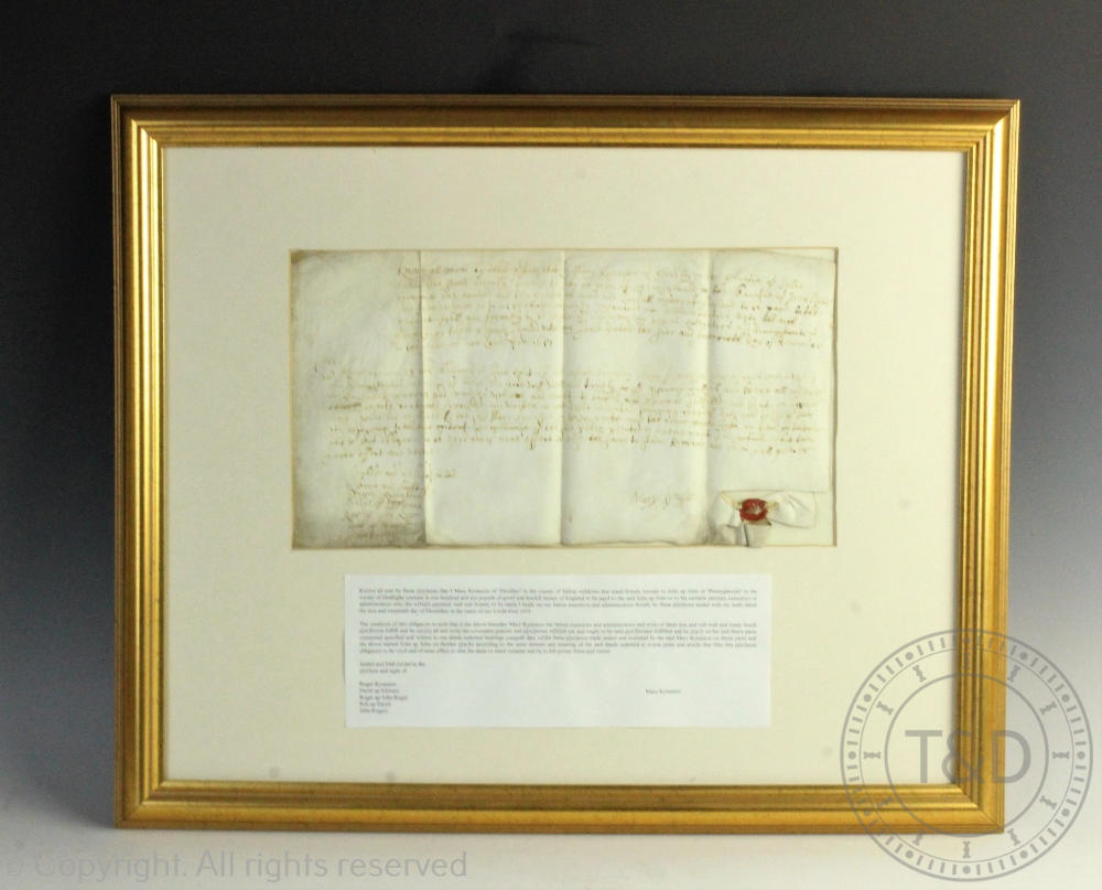 Local interest; A 17th century Kynaston of Salop deed, signed Mary Kynaston with wax seal, framed, - Image 2 of 2