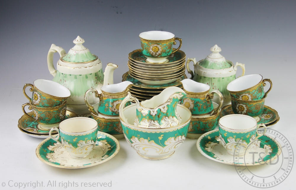 A Tuscan Fine China green and florally decorated part tea service with Meito green and gilt