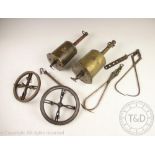 Two Salter's brass rotating spit jacks and hangers (2)