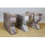 Three carved marble bench supports comprising; two bench ends,