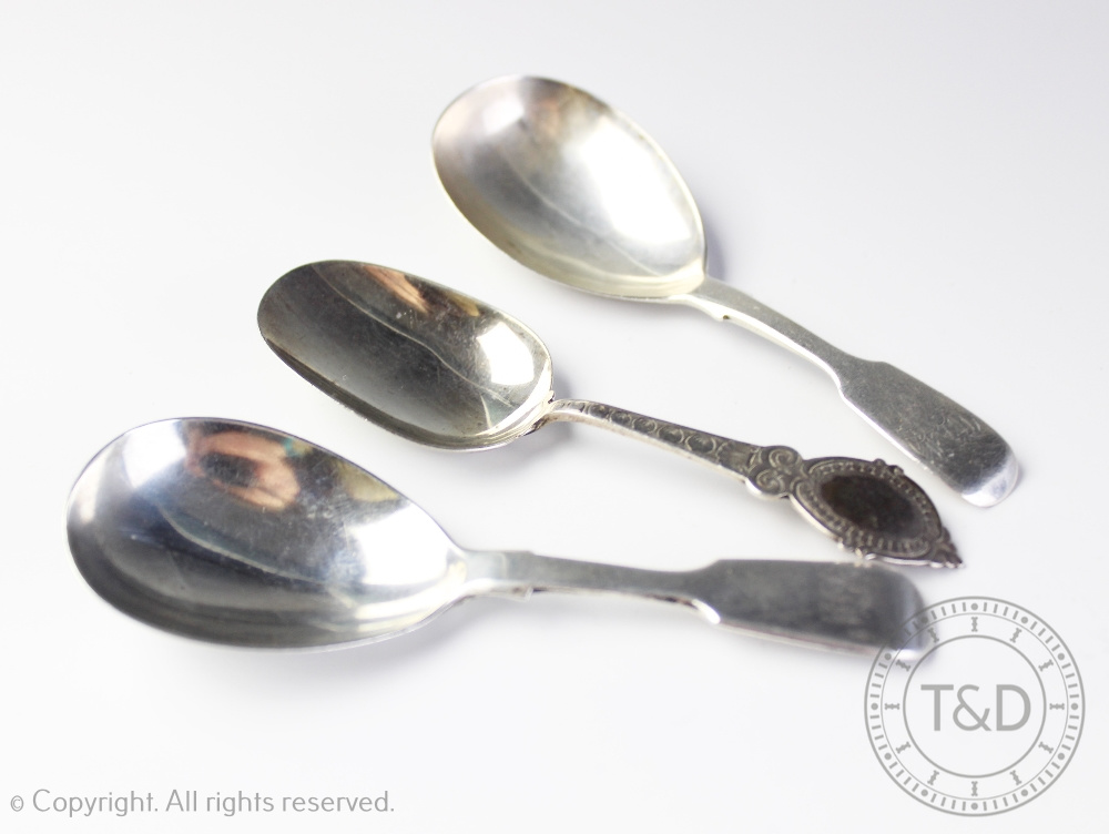 Three Victorian silver caddy spoons, Henry Holland, London 1867, Robert Wallis,