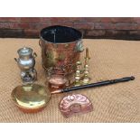 A Victorian copper and brass coal bucket, with floral detailing, 38cm, with a warming pan,