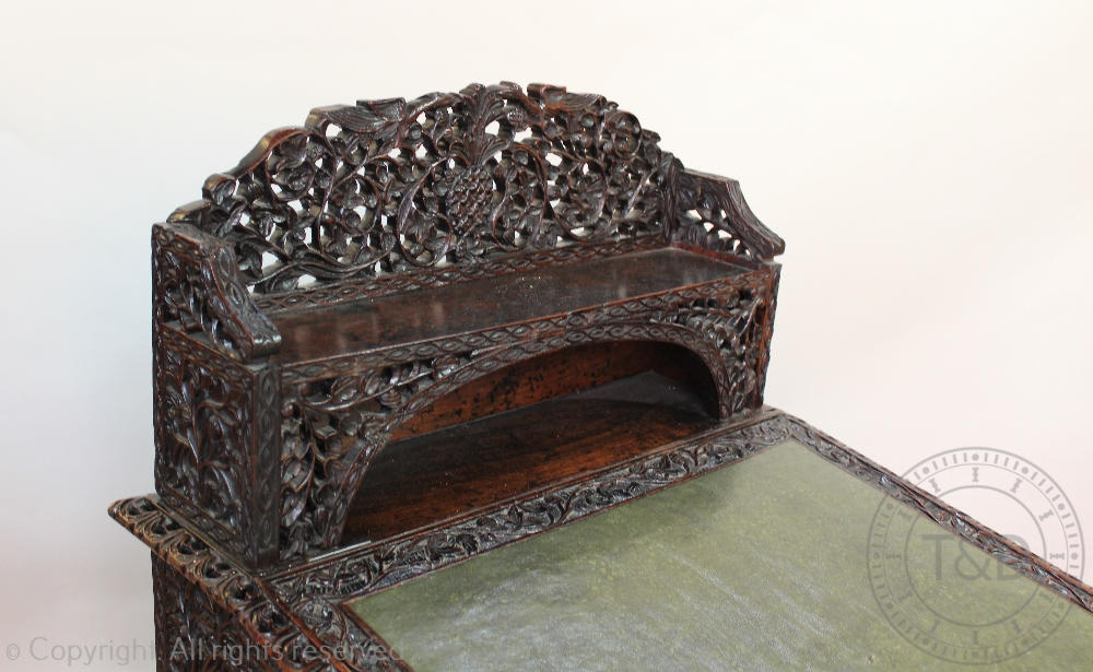 A late 19th century Anglo Indian / Burmese carved hardwood Davenport, - Image 2 of 9