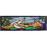 A modern lead and stained glass window, depicting the dove of peace, in light oak frame, 101.