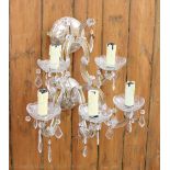 A set of six Venetian style glass five branch wall lights, each hung with lustre drops,