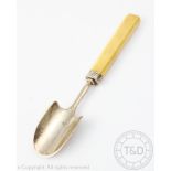 A George III silver mounted Stilton scoop, 'WK' London 1820, with ivory handle, 17.