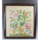 A needlework panel depicting a deer and rabbit beneath a tree, 58cm x 53cm,