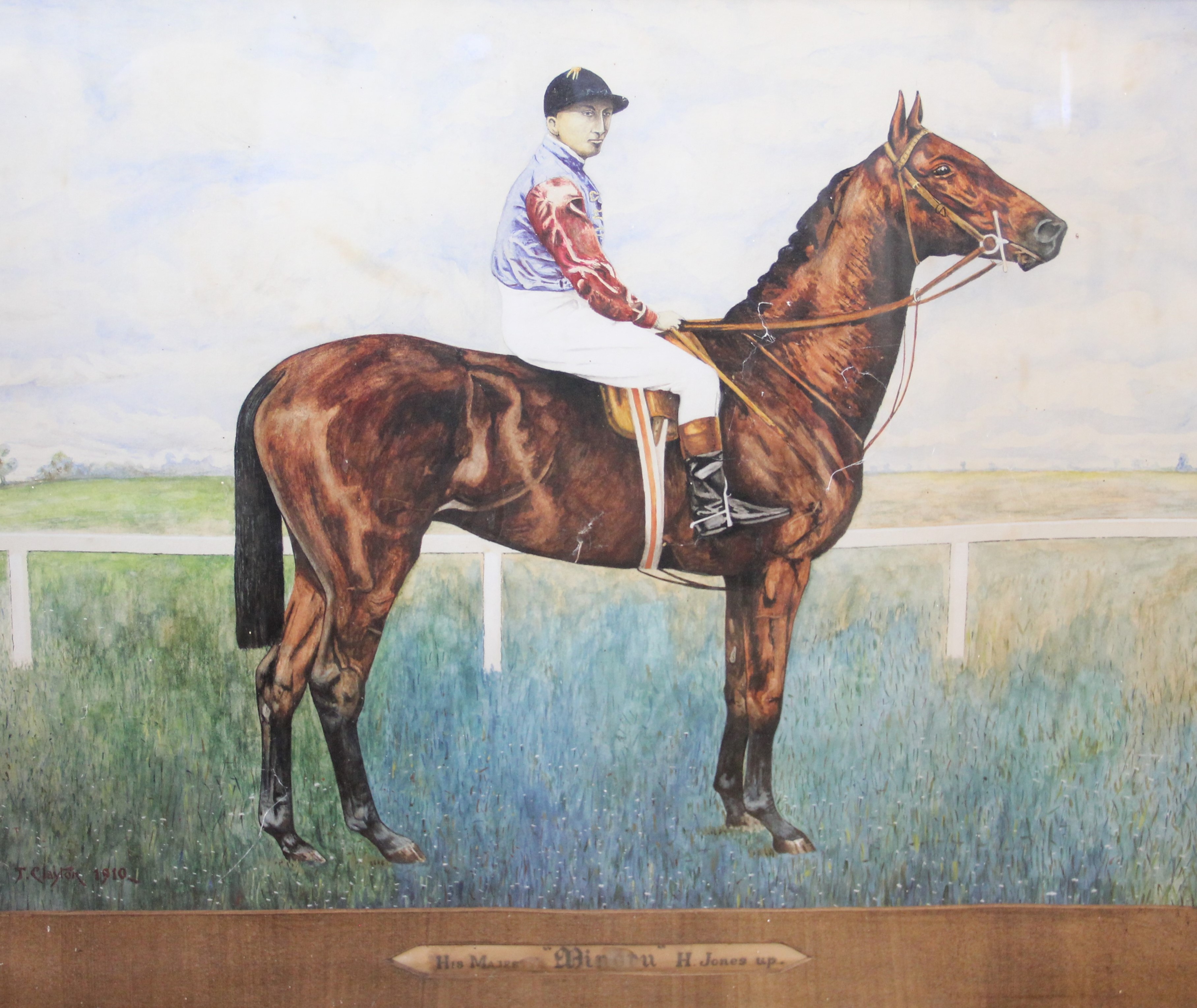 T Clayton, Watercolour, Horse and jockey - His Majesties Minoru - H Jones up,