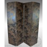 A printed four fold screen, decorated to resemble Chinoiserie lacquer,