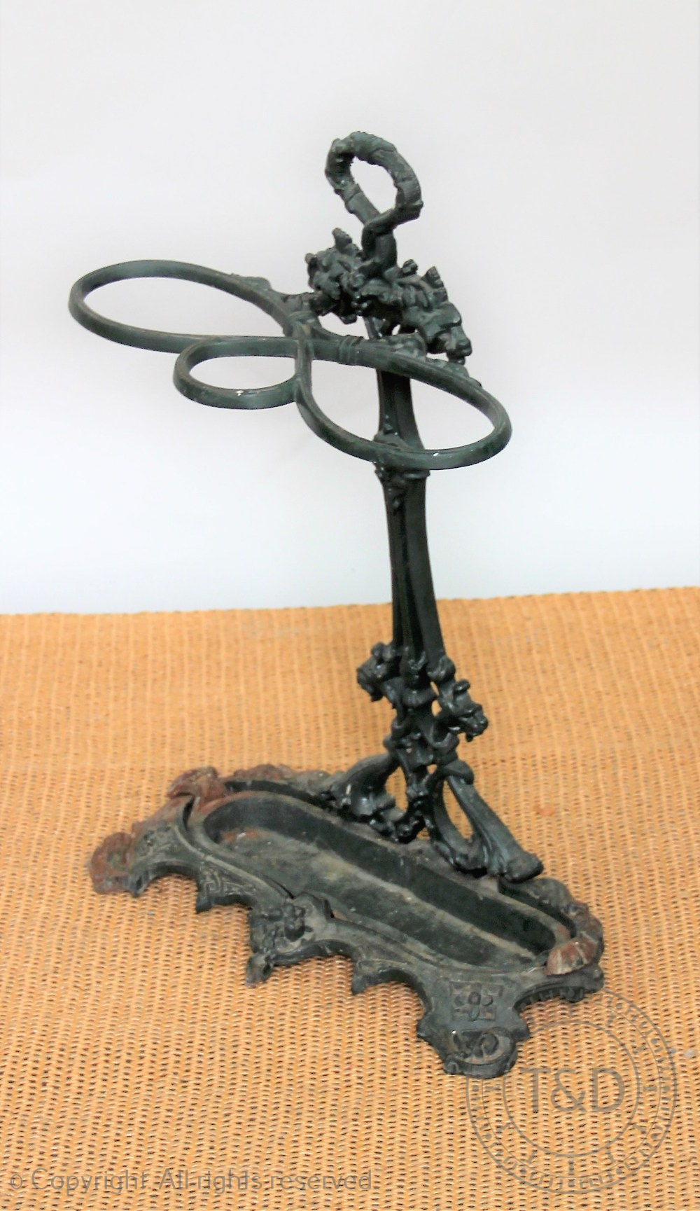A Coalbrookdale style cast iron stick stand, with vine leaf detailing, - Image 2 of 2