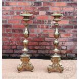 A large pair of 18th century style brass pricket candlesticks,