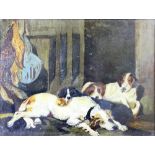 English School, Naive oil on panel, Dogs in a stable with hanging game to the side, 22cm x 29.