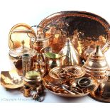 A large assortment of 19th century and later copper wares, to include; a large oval tray,