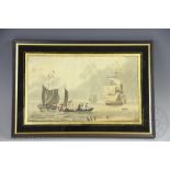 Naval School (19th century), Watercolour on paper, Naval frigate and dinghies off a shoreline,